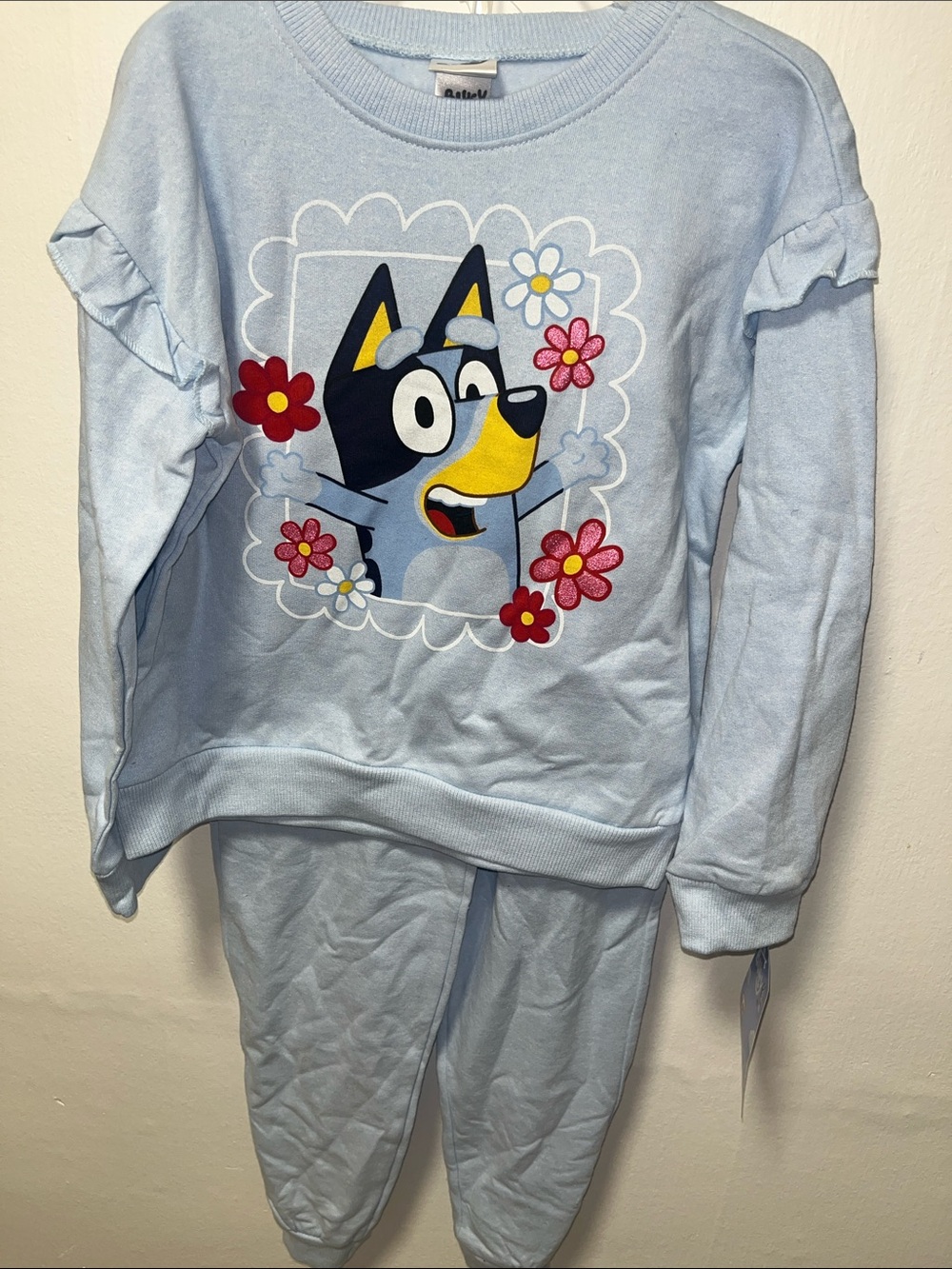 Girls Light Blue Cartoon Dog Pajama Set with Floral Print
